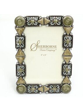 Sherborne Ornate Enamel Frame 4x6 Metal Silver Finish Green Celtic Deco Style